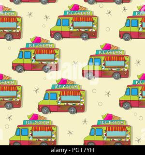 Endless pattern with cartoon icecream trucks Stock Vector
