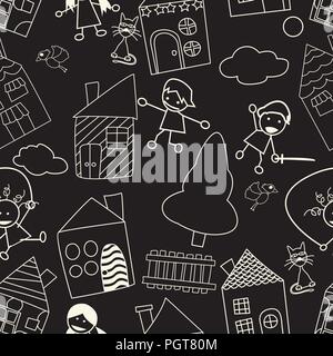 Endless chalk board pattern with playing children  and houses Stock Vector