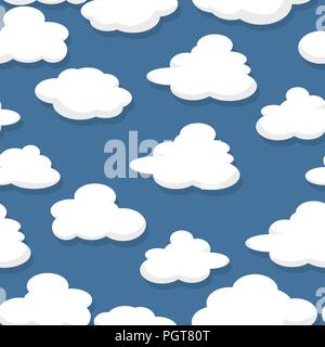 Illustration of cartoon style clouds over a blue sky, seamless pattern Stock Vector
