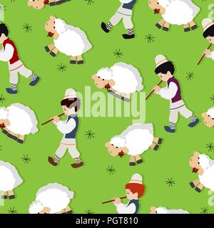 Shepherd and flock on the green, seamless pattern Stock Vector