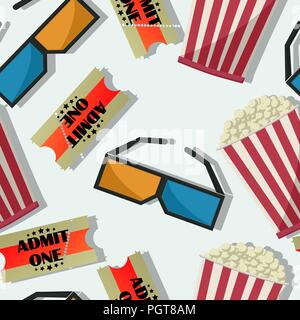 Seamless cinema pattern with tickets, glasses and popcorn Stock Vector