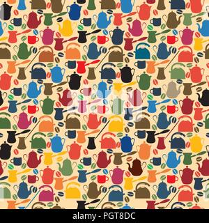 Retro style seamless pattern with coffee and tea kettles and boilers Stock Vector