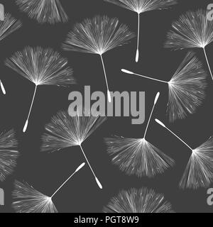 Flying dandelion, seamless pattern in black and white Stock Vector