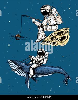Astronaut spaceman with a fishing rod on the moon. astronomical galaxy space. Funny cosmonaut explore adventure. engraved hand drawn in old sketch. blue whale among the planets in solar system. Stock Vector