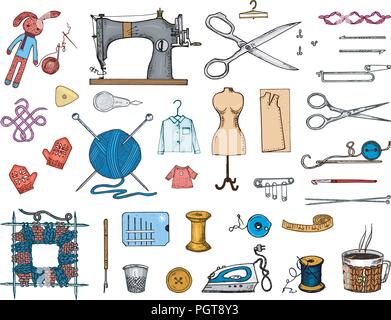 Set of sewing tools and materials or elements for needlework. Handmade equipment. Tailor shop for labels, badgess. thread and needle, mannequin. engraved hand drawn realistic in old vintage sketch. Stock Vector