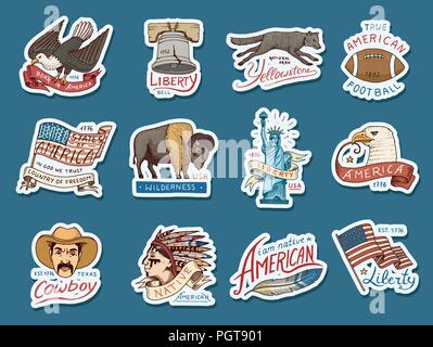 native american stickers. old, labels or badges for camping, hiking, hunting. statue and bell of freedom or Liberty, flag, eagle and ball with red skinned indian. engraved hand drawn in old sketch. Stock Vector