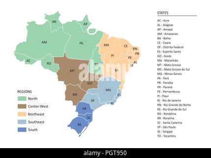 Map of Brazil with divisions of states and regions Stock Vector