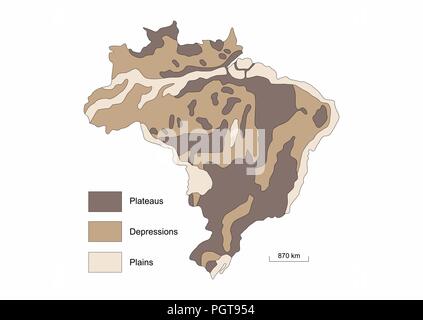 Physical map of Brazil showing relief variations Stock Vector