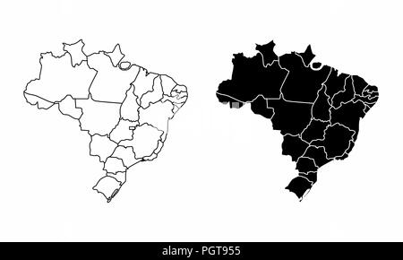 Simplified maps of Brazil with state divisions. Black and white outlines. Stock Vector