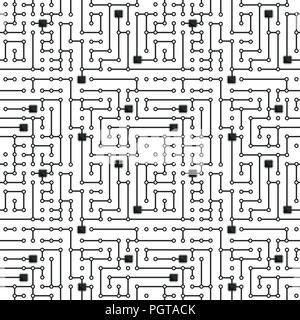 Computer circuit board seamless pattern in black and white Stock Vector