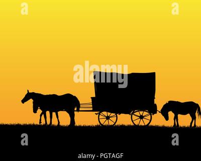 Western stage coach wagon and horses on the prairie Stock Vector