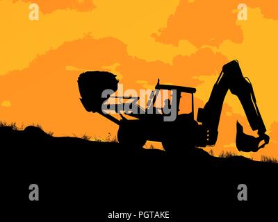 Heavy excavator loader silhouette, construction in progress concept Stock Vector
