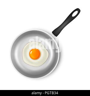 Vector realistic 3d fried egg on a silver non-stick cover surface pan closeup in top view isolated on white background. Realistic icon. Design template for graphics Stock Vector