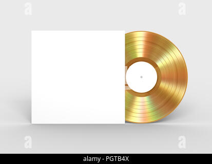 Gold Vinyl Record And White Paper Case. 3D Illustration. Stock Photo