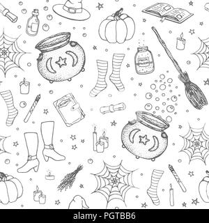 Vector Halloween pattern with hand drawn pumpkin, cauldron, spider web, potions, magic books, witch’s broom, hat, socks and boots outline in sketchy s Stock Vector