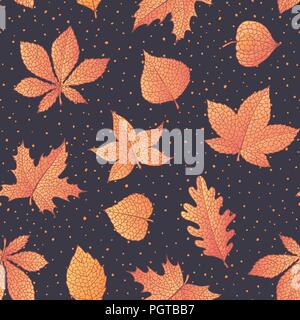 Vector autumn seamless pattern with oak, poplar, beech, maple, aspen and horse chestnut leaves and physalis of orange color on the dark dotted backgro Stock Vector