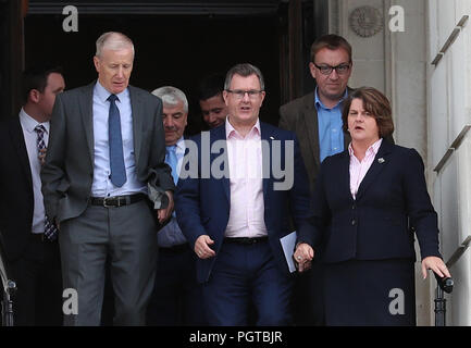 DUP leader Arlene Foster and party colleagues Gregory Campbell (left), Sir Jeffrey Donaldson (centre) and Christopher Stalford (right, blue shirt) arrive for a press conference outside Parliament Buildings at Stormont in Belfast. The Government has acknowledged the deep frustration of the public in Northern Ireland as the region reached an unwanted milestone for non-governance.