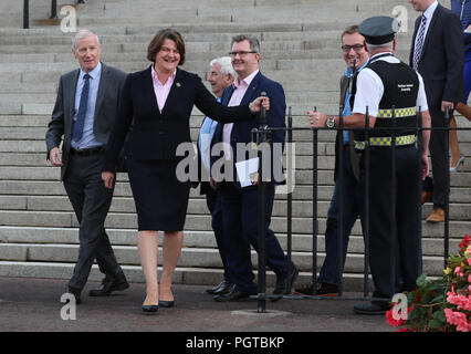 DUP leader Arlene Foster and party colleagues Gregory Campbell (left), Sir Jeffrey Donaldson (centre, pink shirt) and Christopher Stalford (right, blue shirt) arrive for a press conference outside Parliament Buildings at Stormont in Belfast. The Government has acknowledged the deep frustration of the public in Northern Ireland as the region reached an unwanted milestone for non-governance.