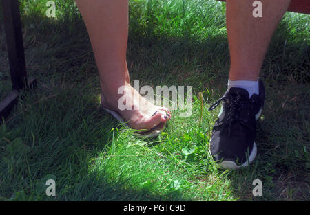 Women's and men's leg on green sunny summer grass Stock Photo