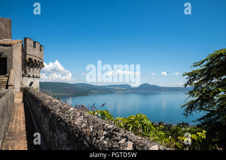 Panoramic View of Lake Bracciano, Trevignano Romano, Monte di Rocca Romana, from the battlements of the Castle Odescalchi at Bracciano, Lazio, Italy Stock Photo