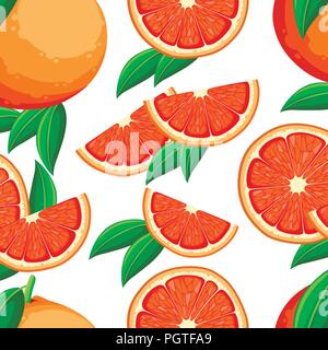 Seamless pattern. Grapefruit with green leaves and slices of grapefruit. Vector illustration in flat style. Decorative poster, emblem natural product, Stock Vector