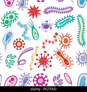 Seamless pattern. Bacteria and viruses. Colorful microorganisms collections. Flat vector bacteria, viruses, fungi, protozoa. Vector cartoon style illu Stock Vector