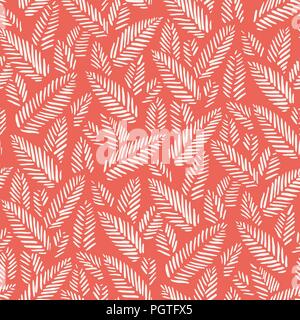 White hand drawn abstract herringbone leaves on red background vector seamless pattern. Tribal marks, stitches. Fresh floral print. Christmas Red. Stock Vector