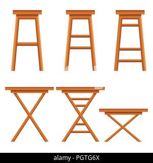 Set of bar chairs. Wooden ocher collection. Retro bar or cafe stools. Flat vector illustration isolated on white background. Stock Vector