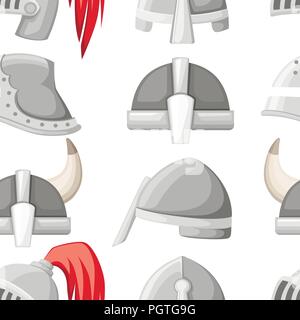 Seamless pattern. Medieval metal knight helmet collection. Silver colored armor. Warrior, knight, gothic , norman logo, emblem, symbol, sport mascot.  Stock Vector