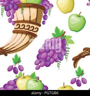 Seamless pattern. Drinking horn with grapes and apples. Ancient rhyton. Greek or roman culture. Brown color and patterns. Flat vector illustration on  Stock Vector