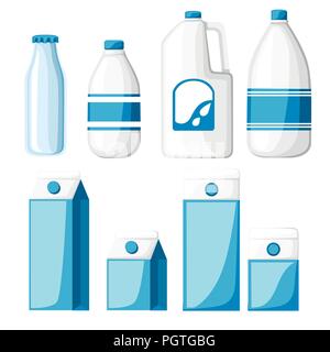 Milk containers collection. Cardboard box, plastic and glass bottle. Milk template. Flat vector illustration isolated on white background. Stock Vector