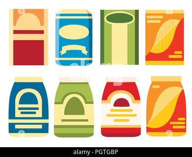 Packages for cereals. Paper and cardboard boxes for food. Flat vector template icon. Vector illustration isolated on white background. Stock Vector