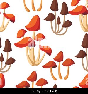 Seamless pattern. Honey fungus. Edible forest mushrooms with brown caps and long stalks. Armillaria mellea flat style. Vector illustration on white ba Stock Vector