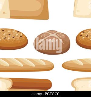 Seamless pattern. Group of bakery bread. Wheat bread, french baguette, ciabatta, toast bread. Flat vector illustration on white background. Stock Vector