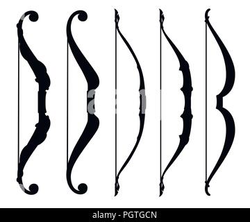 Black silhouette. Bow weapon collection. Medieval and fantasy weapon. Flat vector illustration isolated on white background. Stock Vector