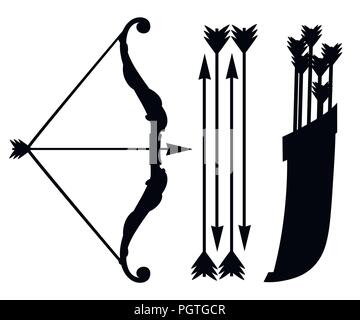 Black silhouette. Bow weapon with arrows and quiver. Wooden quiver. Medieval and fantasy weapon. Flat vector illustration isolated on white background Stock Vector