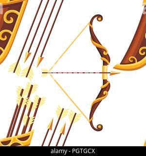 Seamless pattern. Bow weapon with arrows and quiver. Brown bow with gold ornaments. Wooden quiver. Medieval and fantasy weapon. Flat vector illustrati Stock Vector