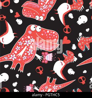 Seamless graphic pattern with enamored dinosaurs on a dark background. Congratulatory cheerful background with dinosaurs for the Day of All Lovers. Stock Vector