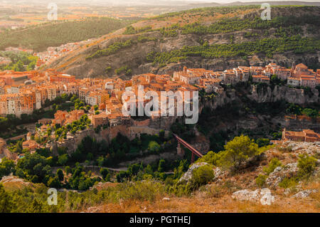 Top view of the old town of Cuenca, Spain. Landscape of hanged houses (casas colgadas), bridge of Saint Paul and the beautiful sierra full of nature. Stock Photo
