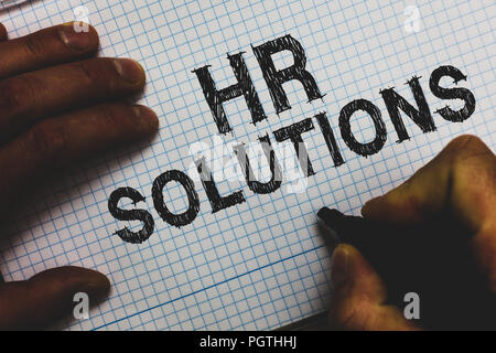 Handwriting text Hr Solutions. Concept meaning Outsourced Human resources consultancy and support Experts Man holding marker communicating ideas impor Stock Photo