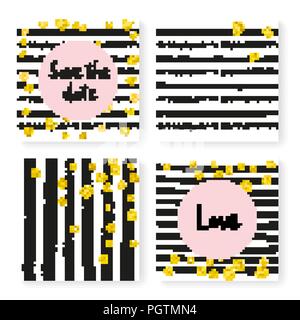 Wedding glitter confetti on stripes, invitation set Stock Vector