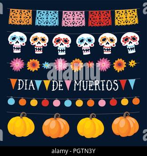Set of Dia de los Muertos, Mexican Day of the Dead garlands with lights, bunting flags, ornamental skulls and pumpkins. Collection of Halloween garden party decorations. Isolated vector objects. Stock Vector