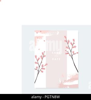 Floral wedding invitation, greeting card with pale pink blooming flowers and artistic brush stroke texture on white background. Simple botanical design, vintage vector illustration, brochure template. Stock Vector