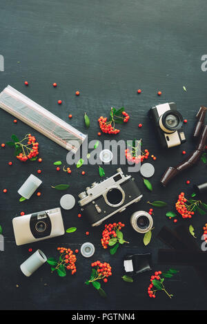 Vintage retro cameras flat lay on dark background decorated with negative film rolls and wild berry fruit arrangement