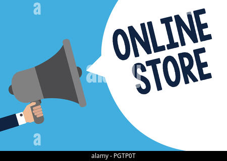 Handwriting text writing Online Store. Concept meaning A website that offers items for sale and accept credit cards Man holding megaphone loudspeaker  Stock Photo