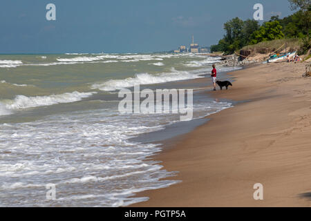 Beverly Shores, Indiana - A woman walks her dog on the beach of Indiana Dunes National Lakeshore, at the southern end of Lake Michigan. Stock Photo