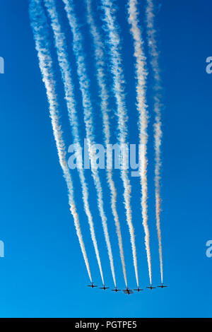 Canadian Forces (CF) Snowbirds, 431 Air Demonstration Squadron fly over Vancouver, British Columbia, Canada Stock Photo