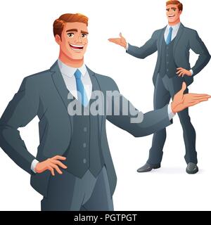 Young business man presenting. Isolated vector illustration. Stock Vector