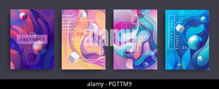 Set of 4 Abstract gradient backgrounds and baners with wavy shapes, circles, cubes and balls. Colorful and digital backdrop for the advertise and marketing in dynamic, fluid forms.Vector illustration. Stock Vector