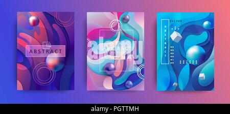 Set of Abstract geometric gradient background with wavy shapes, circles, cubes and balls. Colorful and digital backdrop for the advertise and marketing in dynamic, fluid forms. Vector illustration. Stock Vector